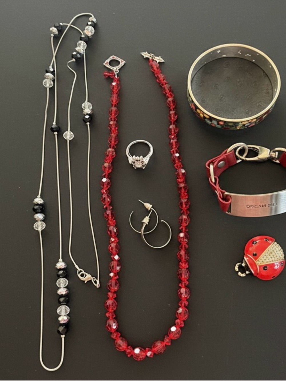 Red Crystal Bead Necklace. Brighton bangle. Lucky ladybig brooch.